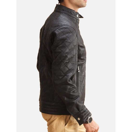 Men’s Snap Tab Collar Quilted Black Leather Jacket