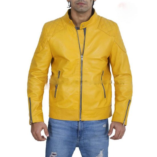 Men’s Yellow Cafe Racer Biker Leather Jacket