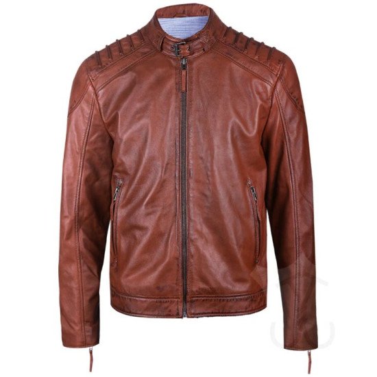 Real Leather Brown Padded Biker Jacket for Men
