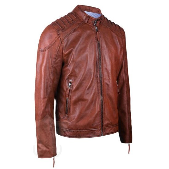 Real Leather Brown Padded Biker Jacket for Men
