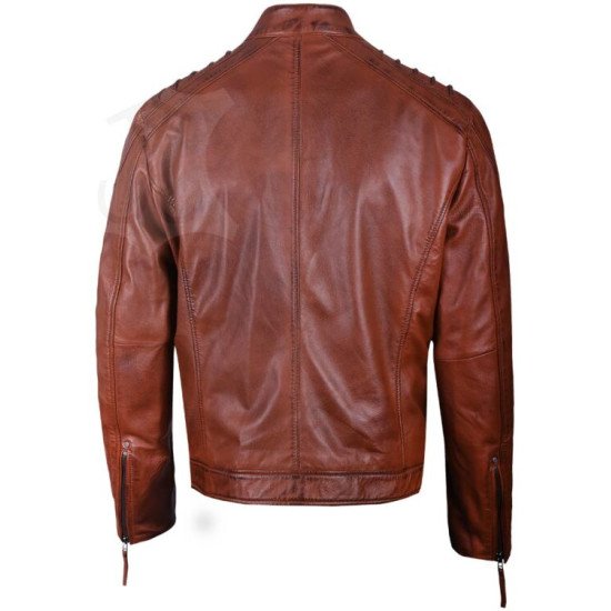 Real Leather Brown Padded Biker Jacket for Men