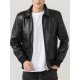 Shirt Style Collar Black Leather Bomber Jacket For Mens