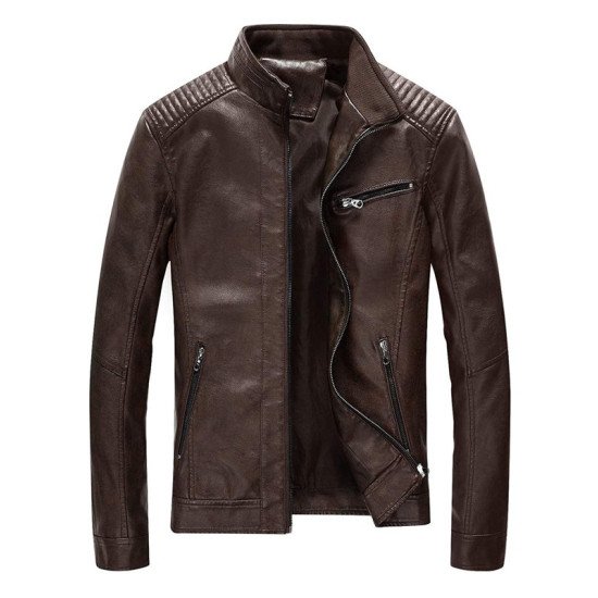 Slim Brown Leather Biker Jacket For Men