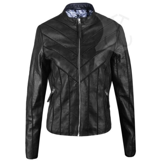 Women V-Style Black Biker Leather Jacket
