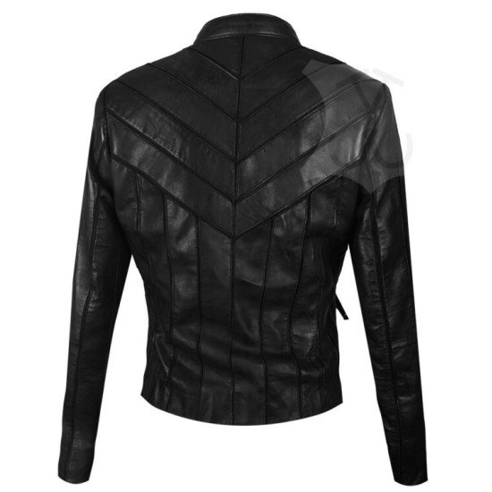 Women V-Style Black Biker Leather Jacket