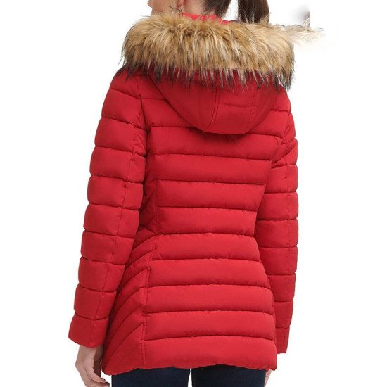 Women’s Red Winter Coat with Fur Hood
